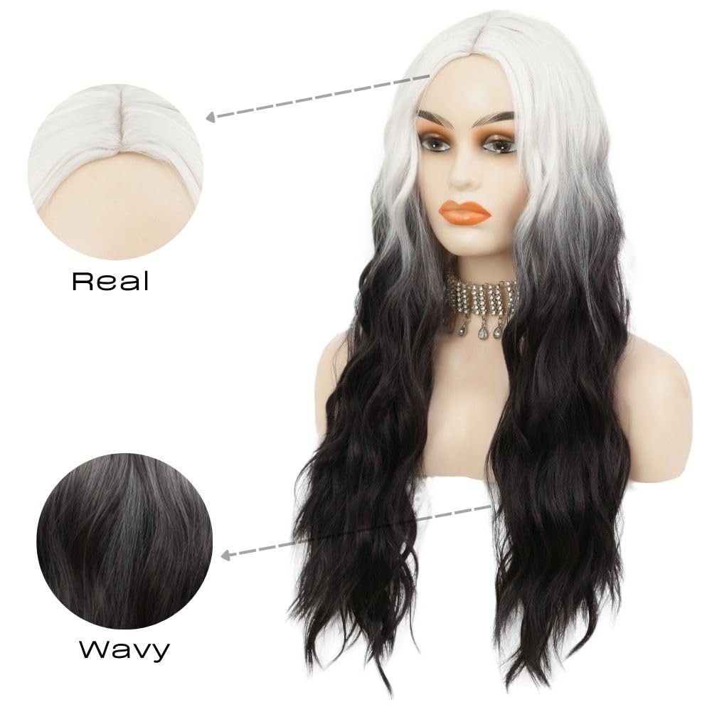 Siudus White To Black Cosplay Wigs For Women Long Curly Wavy Middle Party Hair