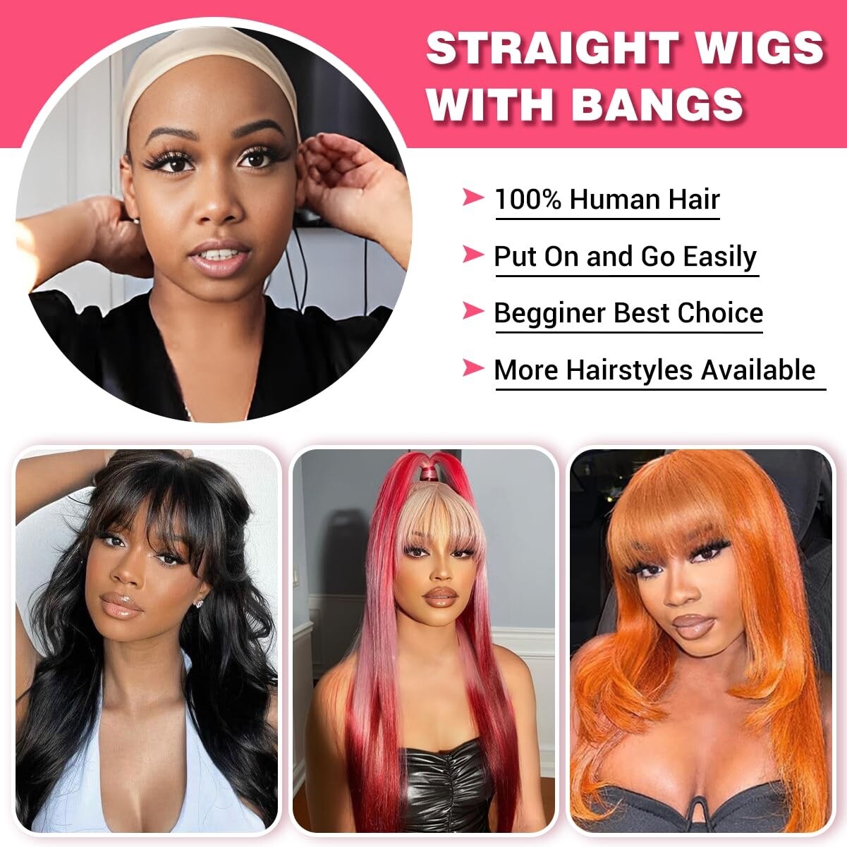 Fashion 18” Ombre Brown Human Hair Wig w/ Bangs, Glueless