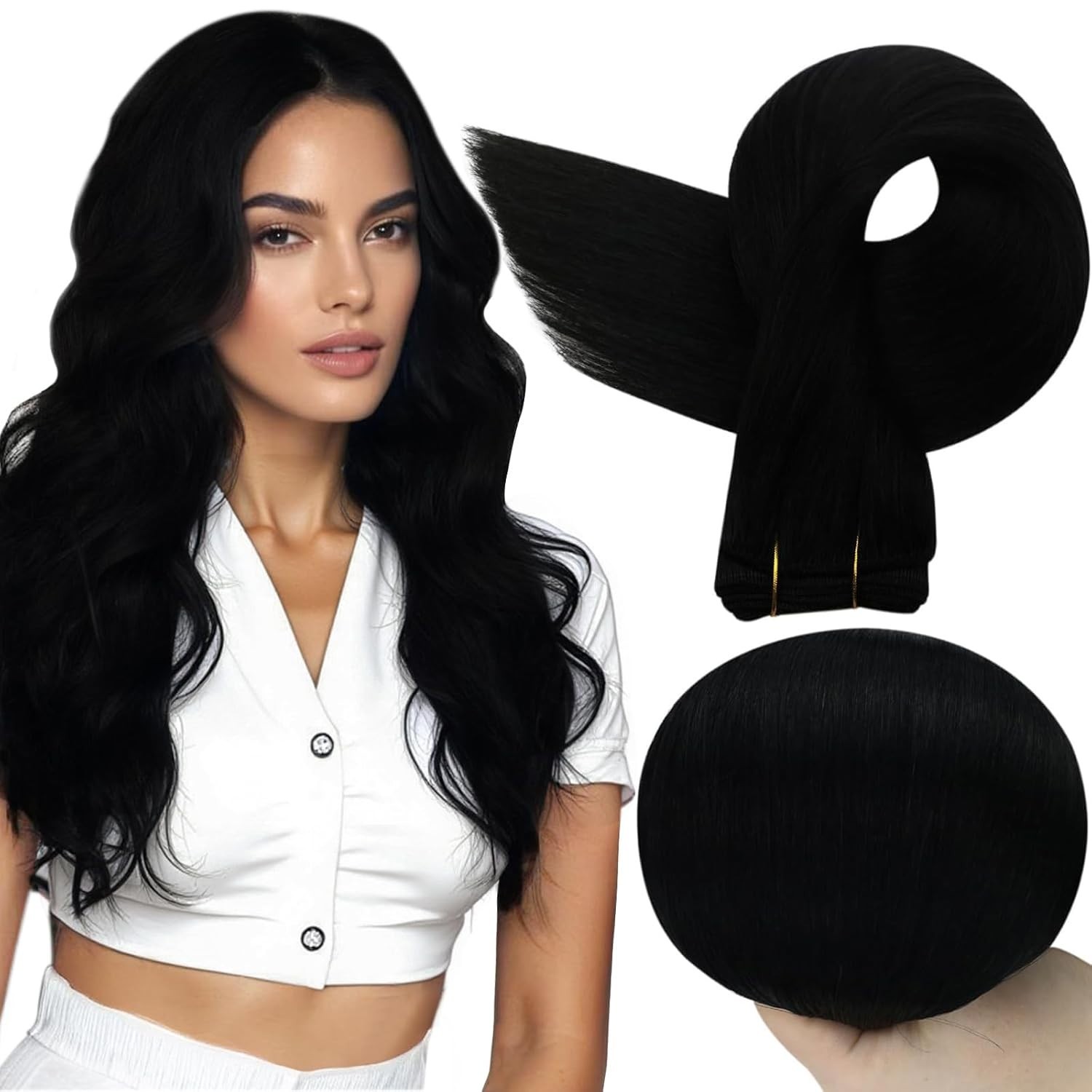 Long Straight Human Hair Weave – 20″ Jet Black Extensions