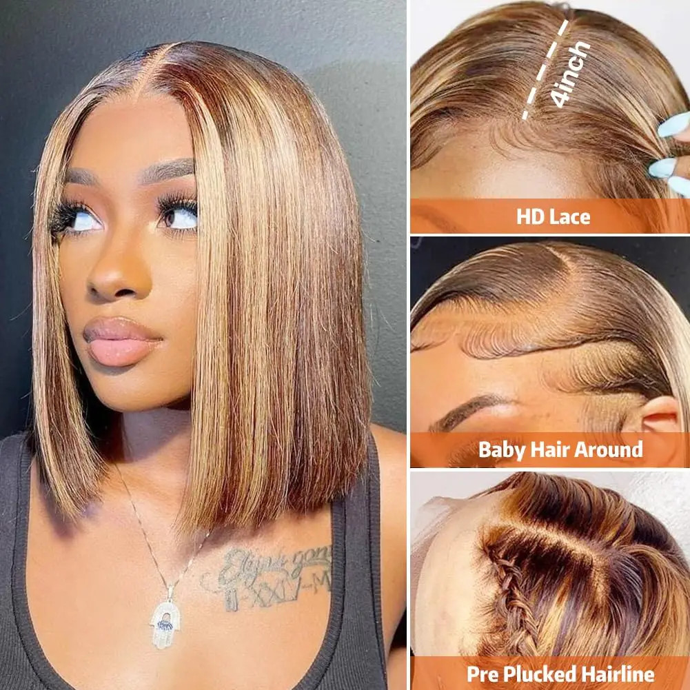 4/27 Highlight Straight Bob 13x4Lace Front Human Hair 613 Honey Blonde Ombre Wig