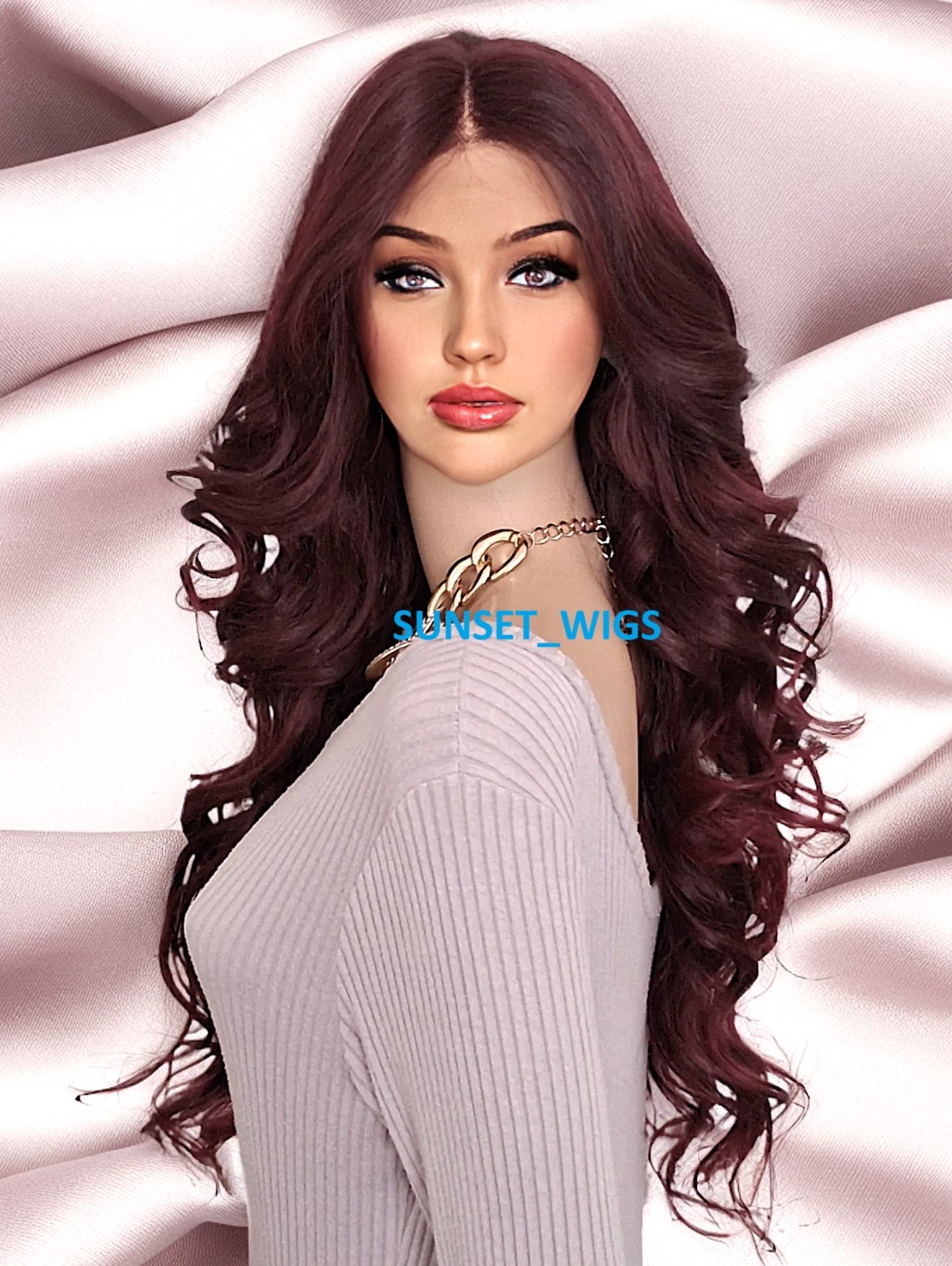 32″ LACE FRONT WIG LONG WAVY LAYERED BLACK BURGUNDY MIX #T1B.BURG HEAT OK NWT