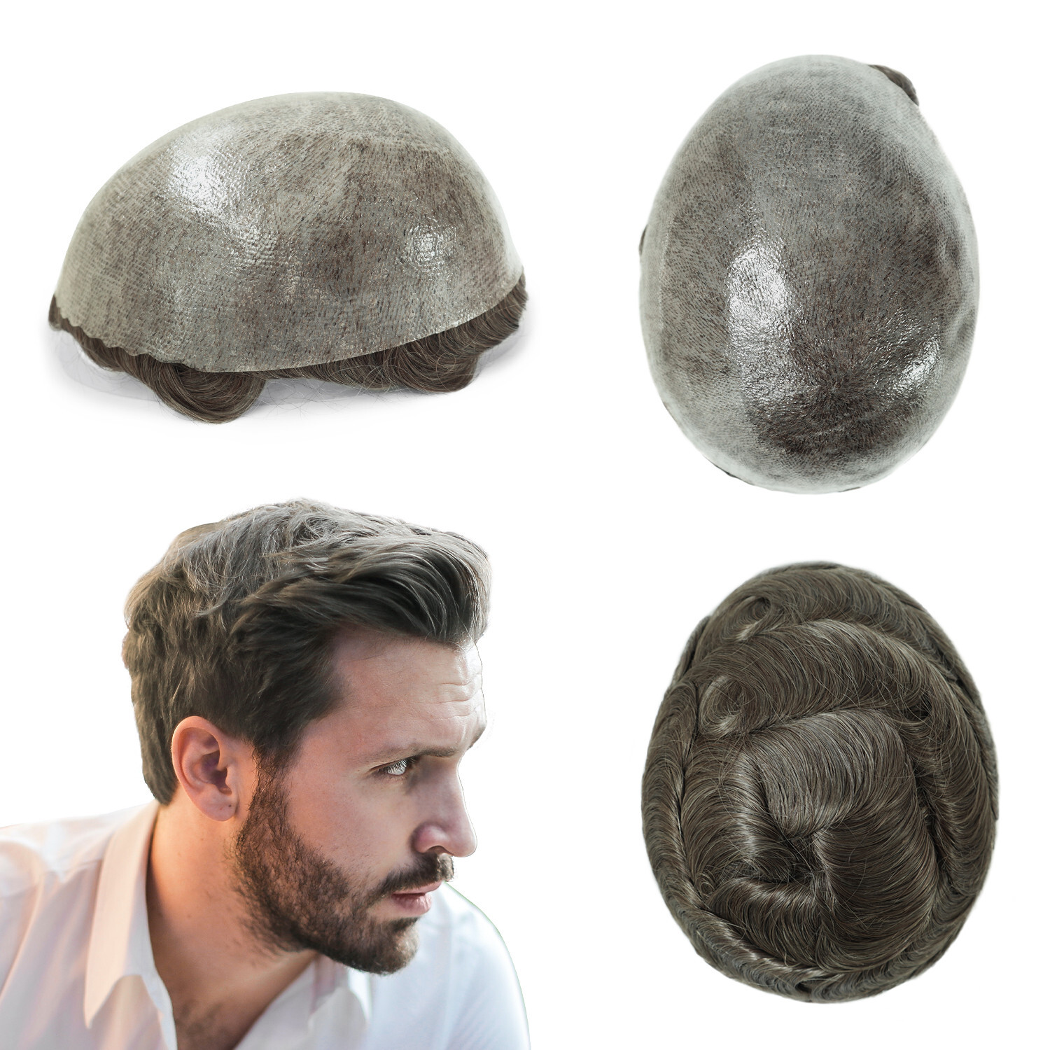 Toupee for Men Human Hair Replacement System Injection Skin Brown Hair Piece #7
