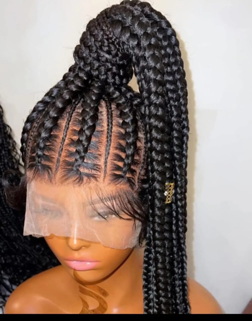 Black 30 inches 360 full lace synthetic braided wig with High Ponytail