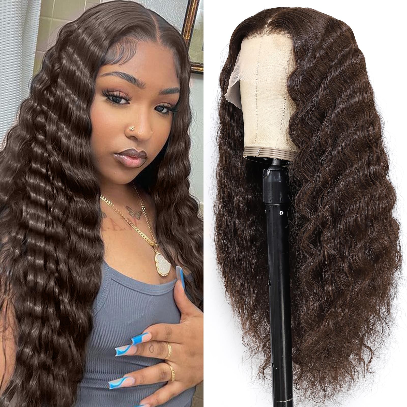 13×6 HD Lace Front Wig,26Inch Glueless Deep Wave Synthetic Lace Front Wig For…