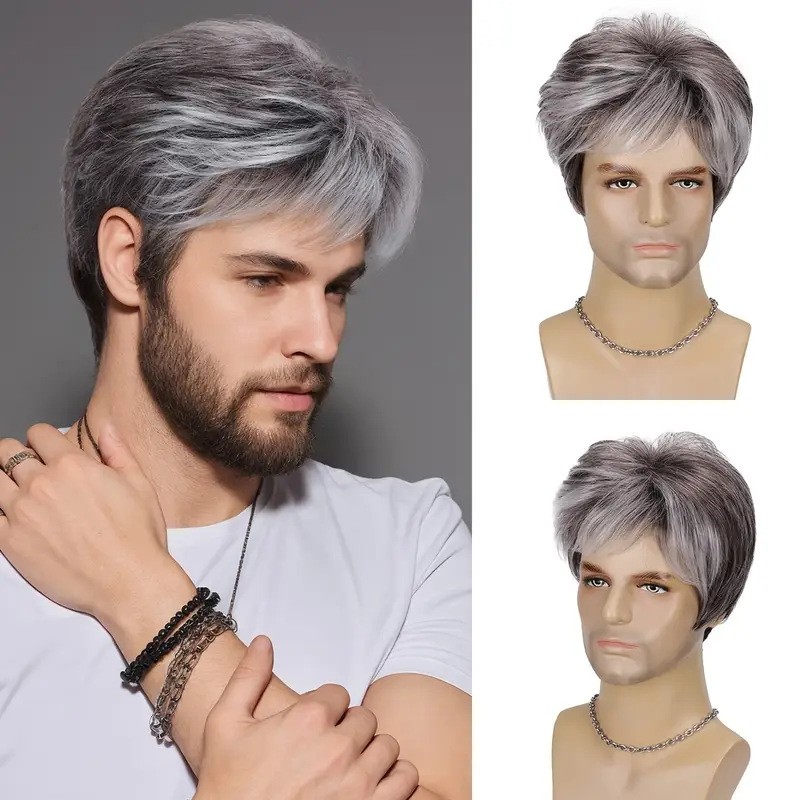 Fashion Light Gray Short Synthetic Hair Wig for Men Daily Wear for Middle Aged
