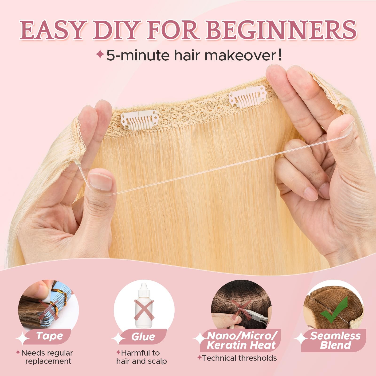 Sego Halo Hair Extensions Adjustable Invisible Wire Extensions Real Human Hair