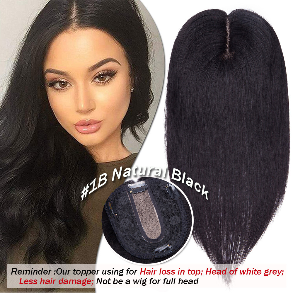 Silk Base 100%Remy Human Hair Topper Top Piece Extensions Women Toupee Clip BANG