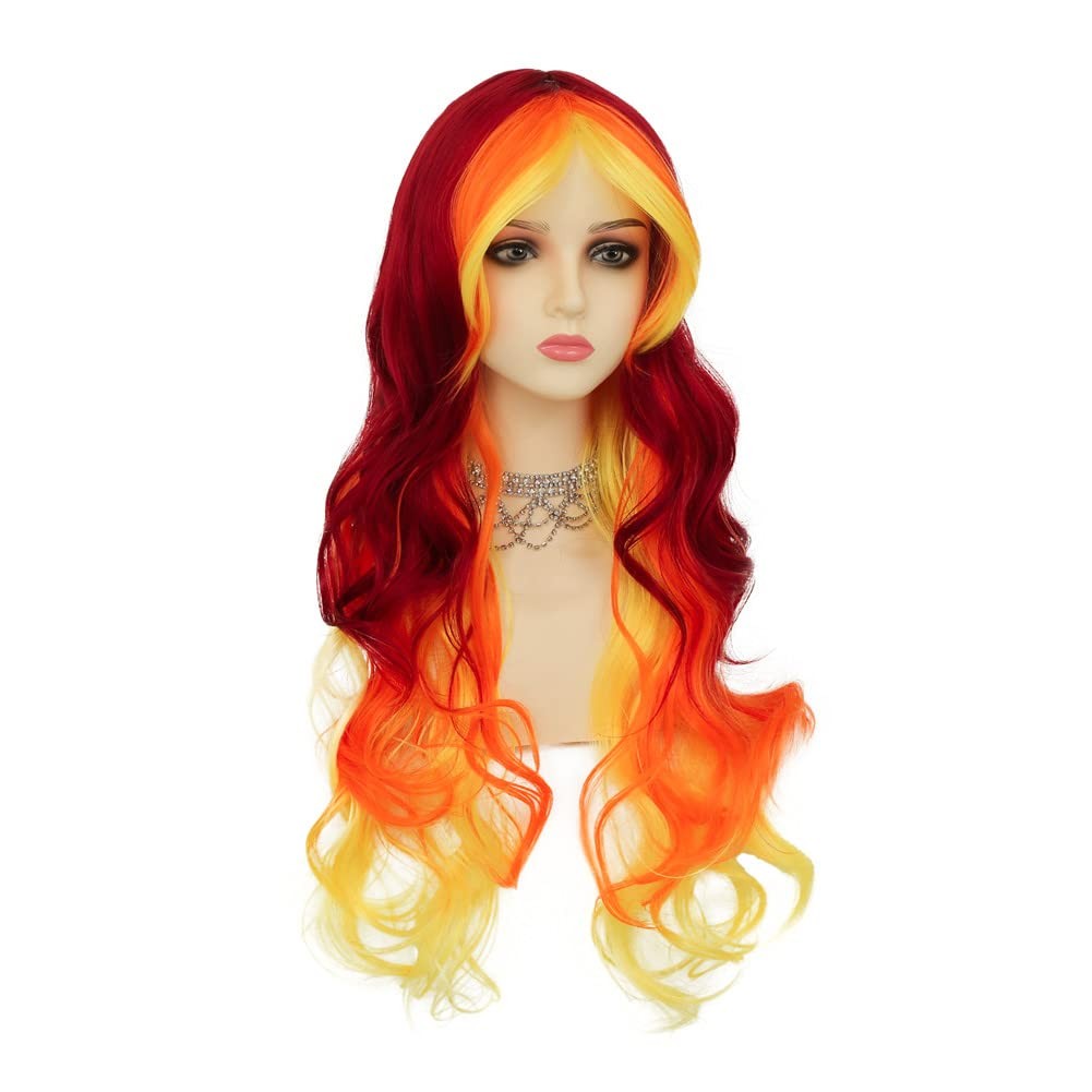 Orange Yellow and Red Wigs Colorful Long Curly Wavy Women Cosplay Costume Wig…