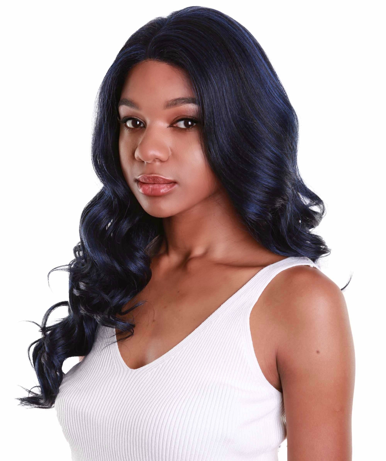 LUXLUXE Lucinda Wavy 23″ Long 4X4 Hand-Tied Lace Front Wig,Blue and Black Blend