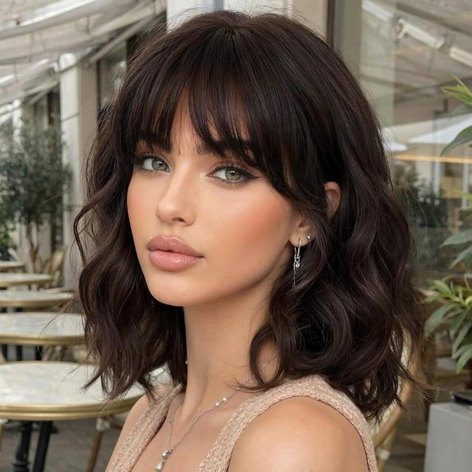 14inch Short Wavy Curly Bob Wig with Bangs Synthetic Hair for Women Black Brown