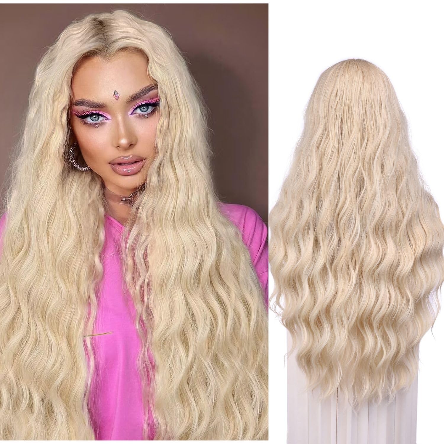 28 Inches Platinum Blonde Wigs Long Blonde Curly Wigs for White Women Long Wa…