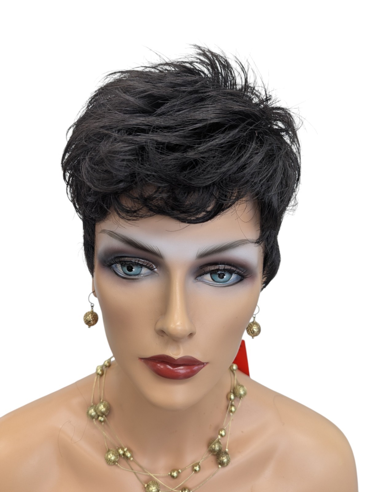 Smooth Short Synthetic Pixie Straight Wig Whispy Bangs Color 1B Off Black