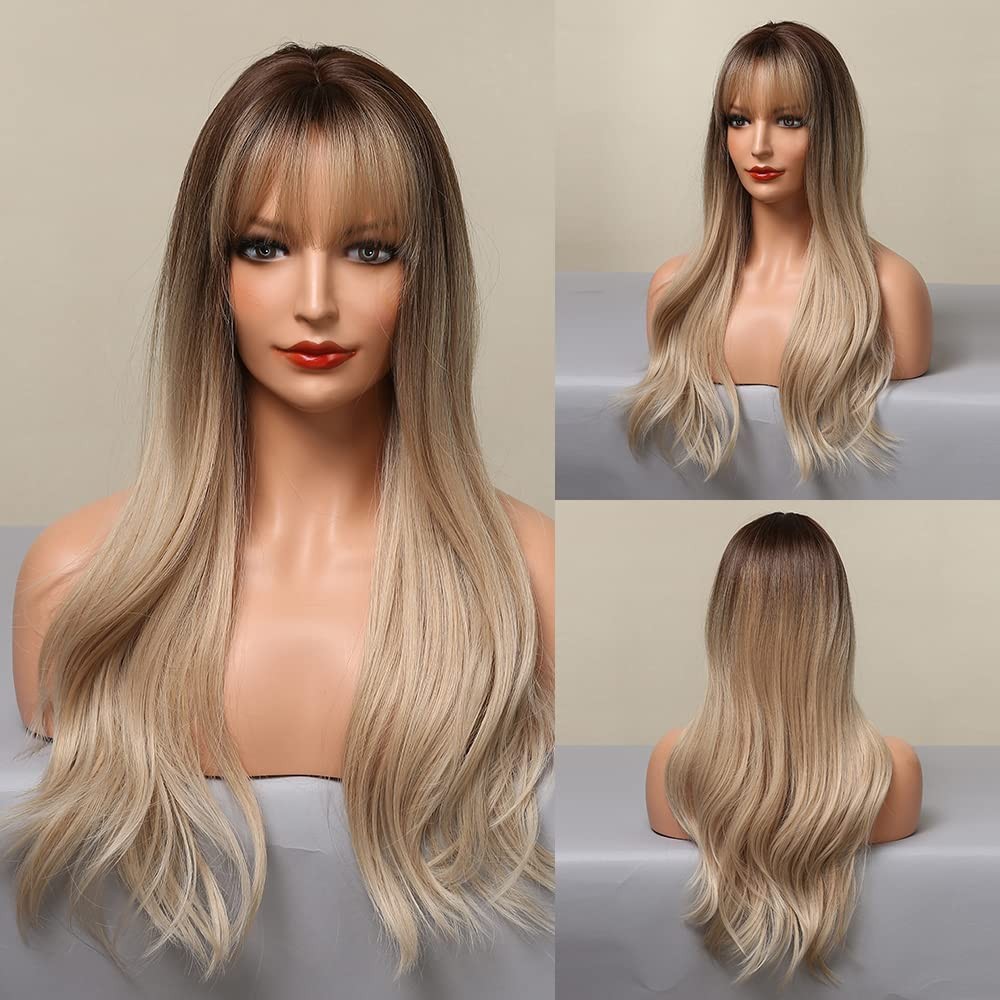 Long Wave Blonde Wig with Bangs,Ombre Blonde Wigs for Women Heat Resistant Fi…