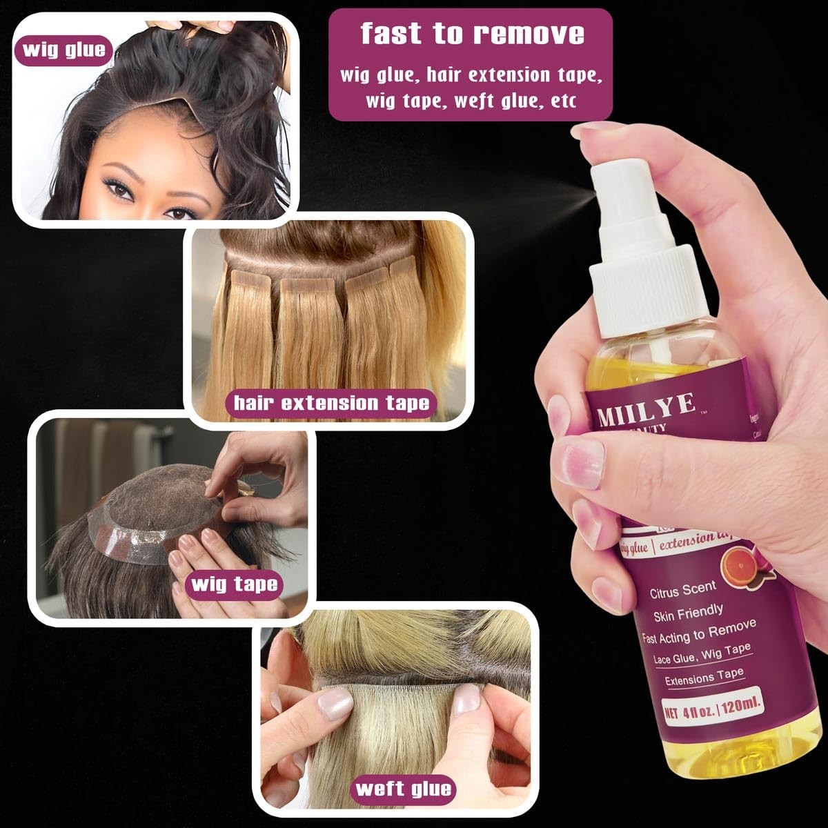 Hair Adhesive Fast Remover 4oz/120ml, Tape in Extension Remover, Wig Glue Rem…