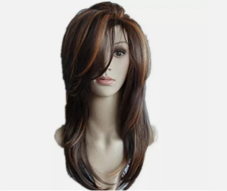 Women Dark Brown w/Gold Highlight Ombre Shoulder Length Curly Hair Wig-&-*/