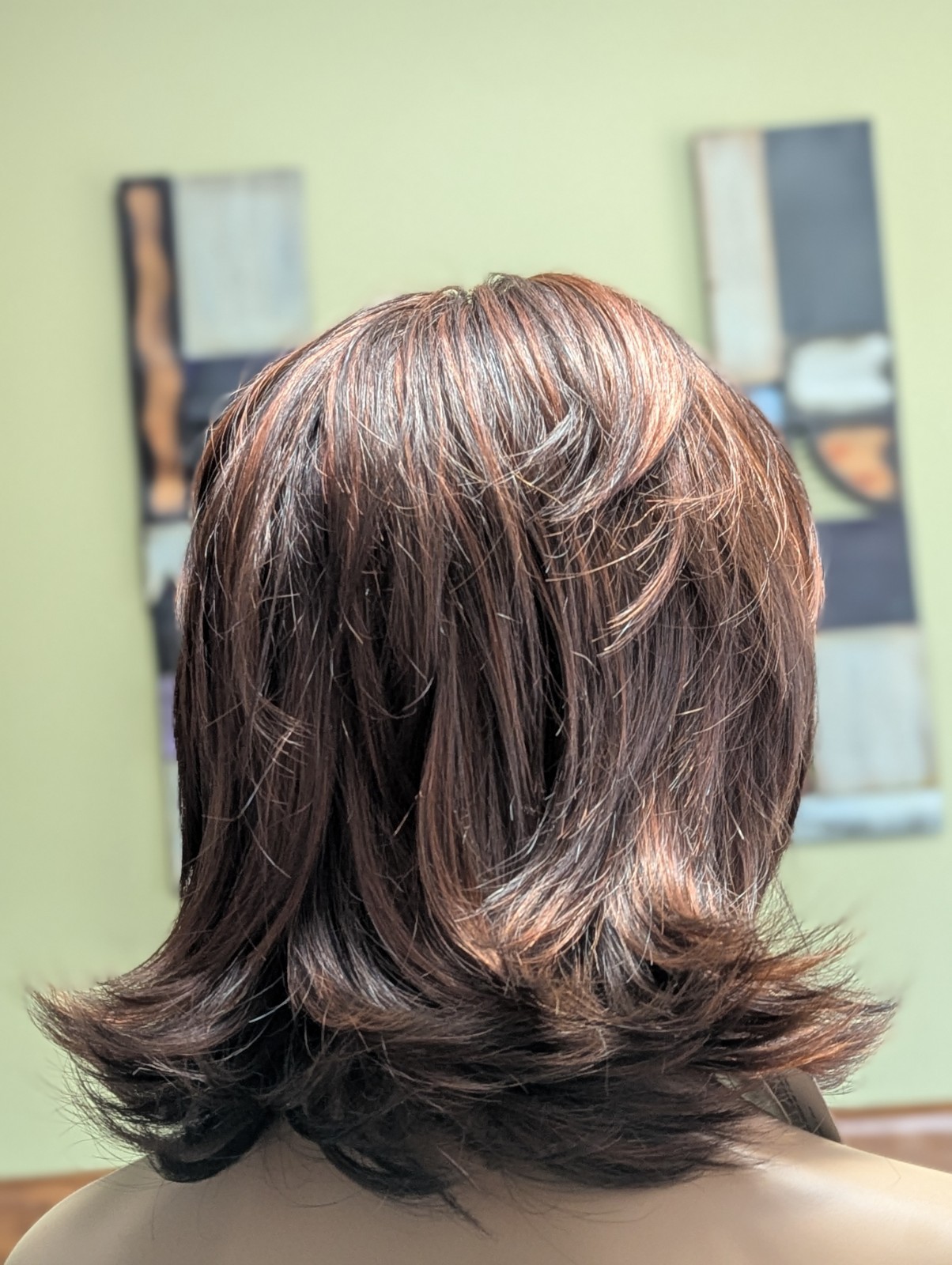 Mid Length Synthetic Layer Cut Wig Color Bright Auburn 33/130 Partial Skin Top