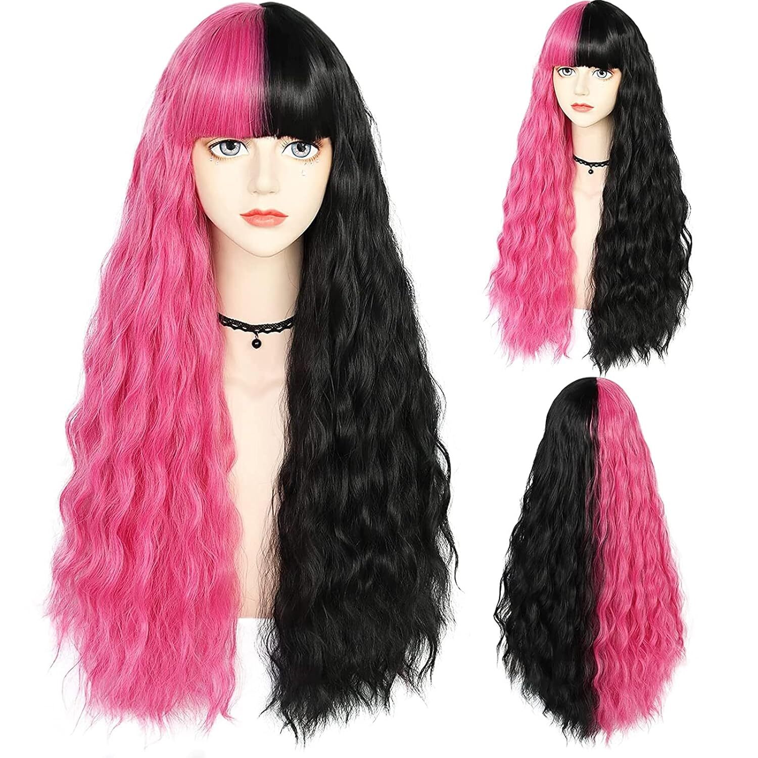 Gorro Para El Cabello+peluca Mitad Rosa Mitad Negra Peluca Ondulada De Cuerp…