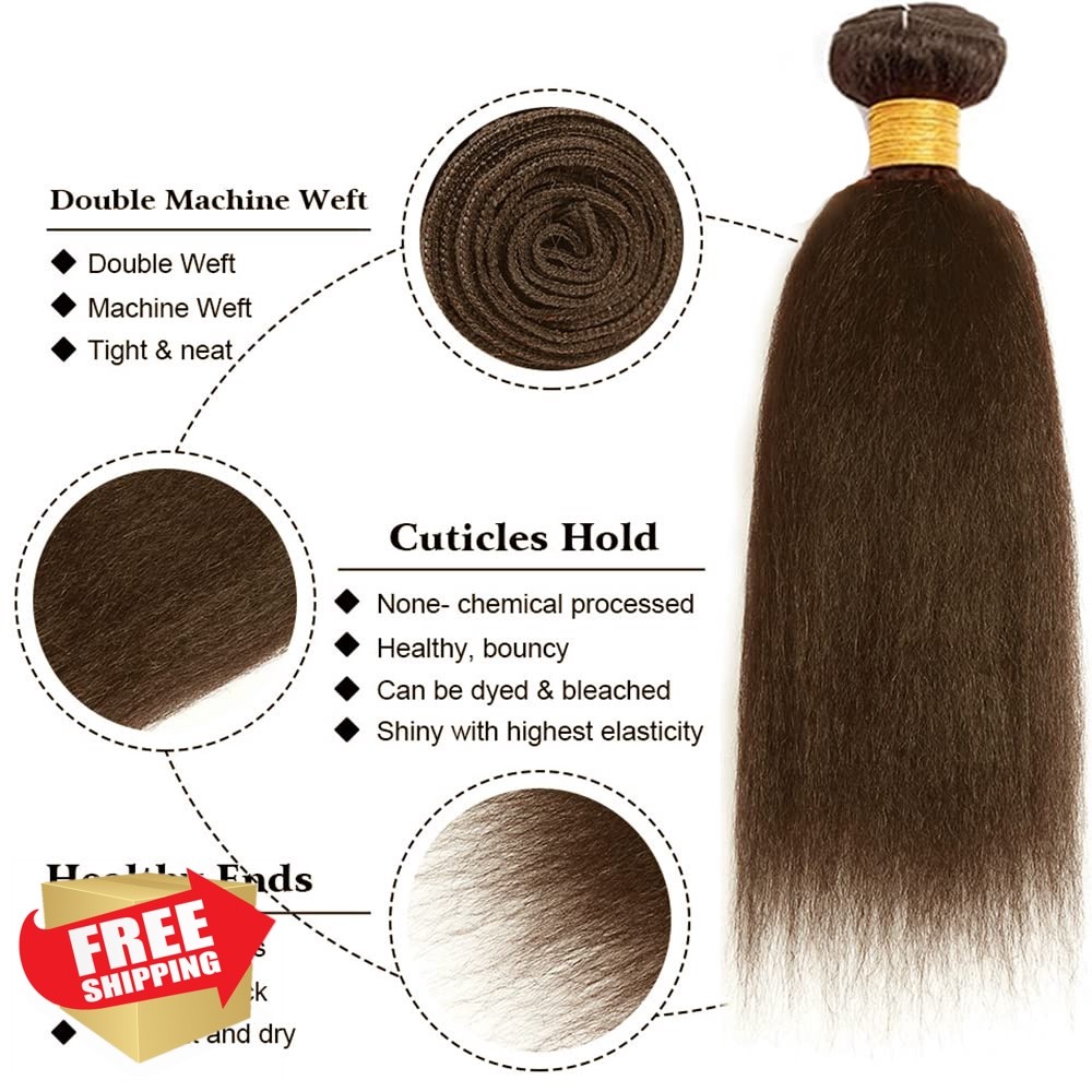 FuivJuix 24″ Yaki Straight 3 Bundles Human Hair #4 Brown
