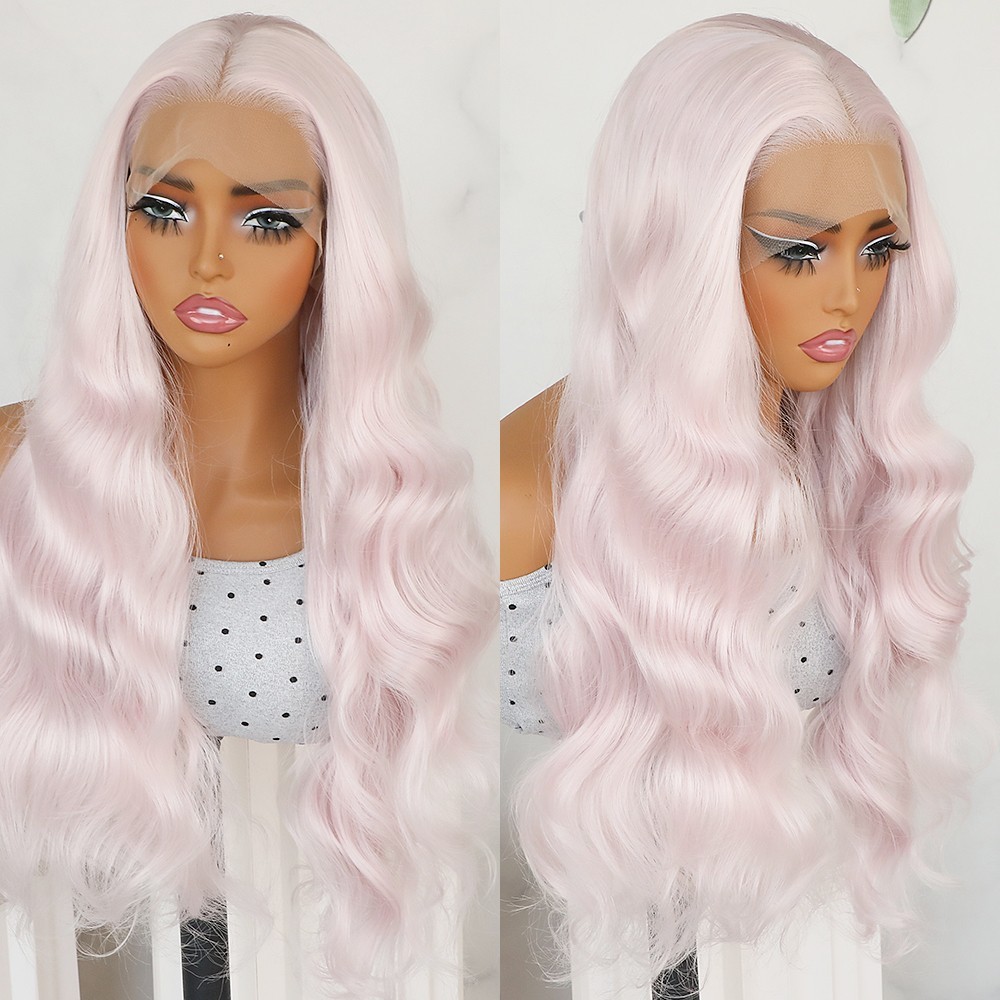 Light Pink Color Body Wave Long Glueless Lace Frontal Wigs Pre Plucked Hairline
