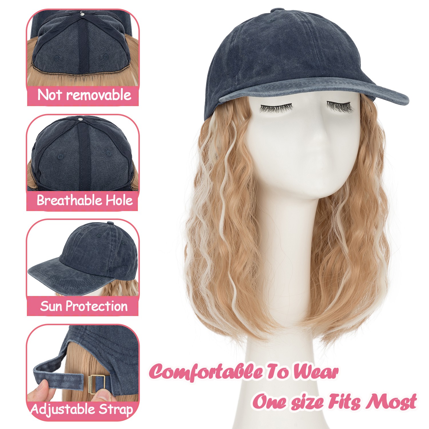 Instant Style 8″ Curly Wavy Cap Wig Adjustable Baseball Hat with Attached Hair M