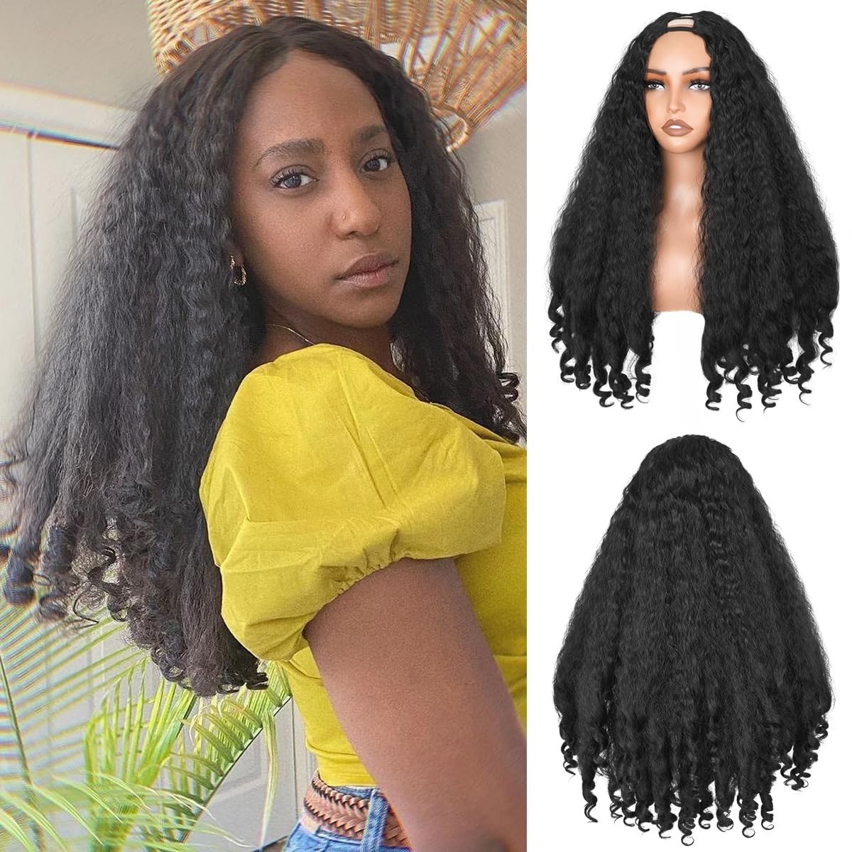 Afro Curly V Part Wig Synthetic Yaki Curly Half Wigs for Black Women Glueless…