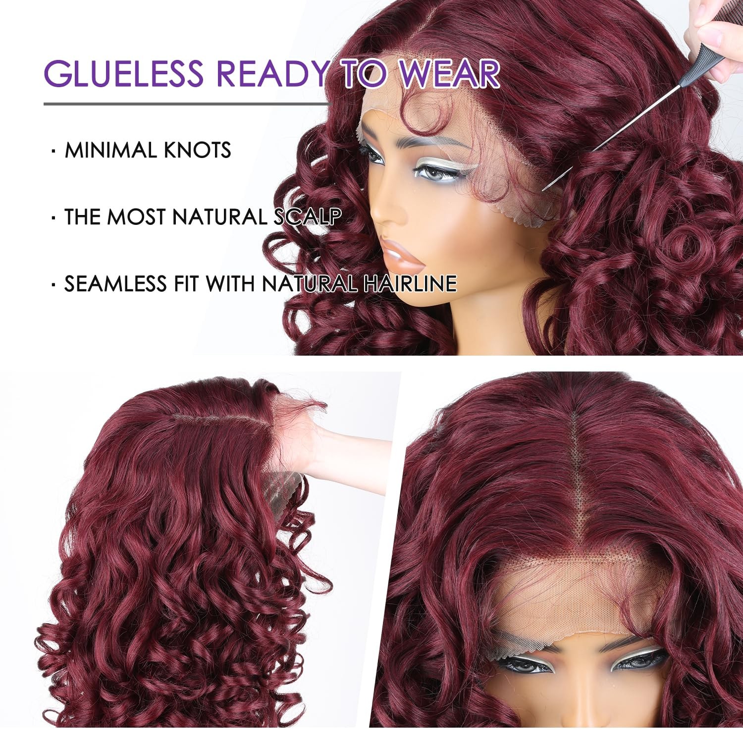 Soku Curly Lace Frontal Wigs For Black Women Long Wavy Red Burgundy Glueless