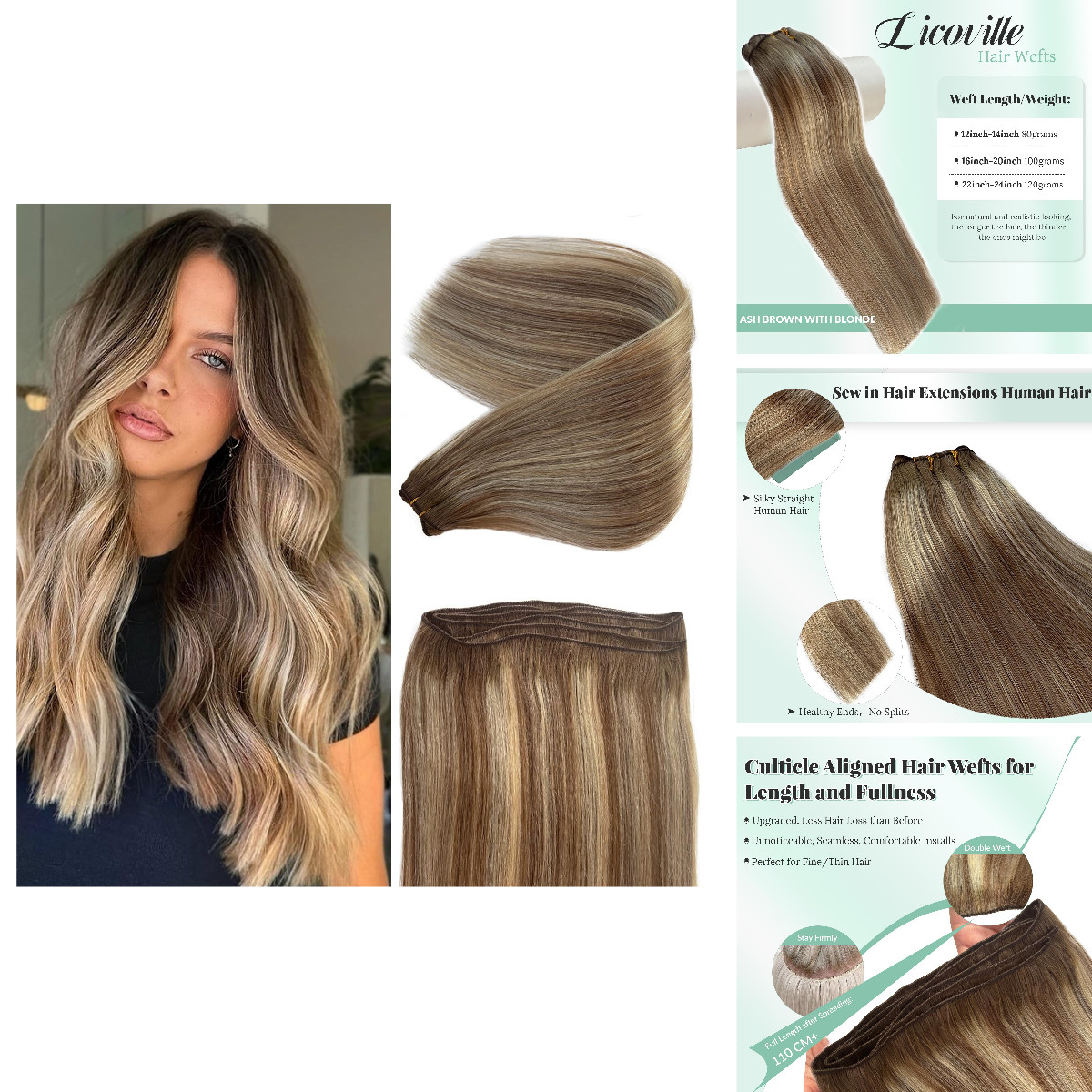Licoville Weft Hair Extensions Human Hair Balayage Brown And Blonde Bundle 22