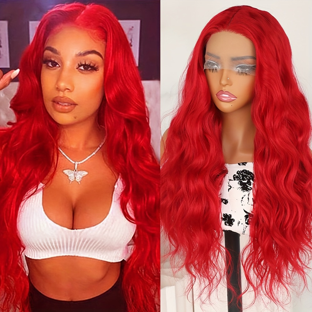 Red Wavy Hair Lace Front Wigs Long Natural Body Wave Heat Resistant Women Party