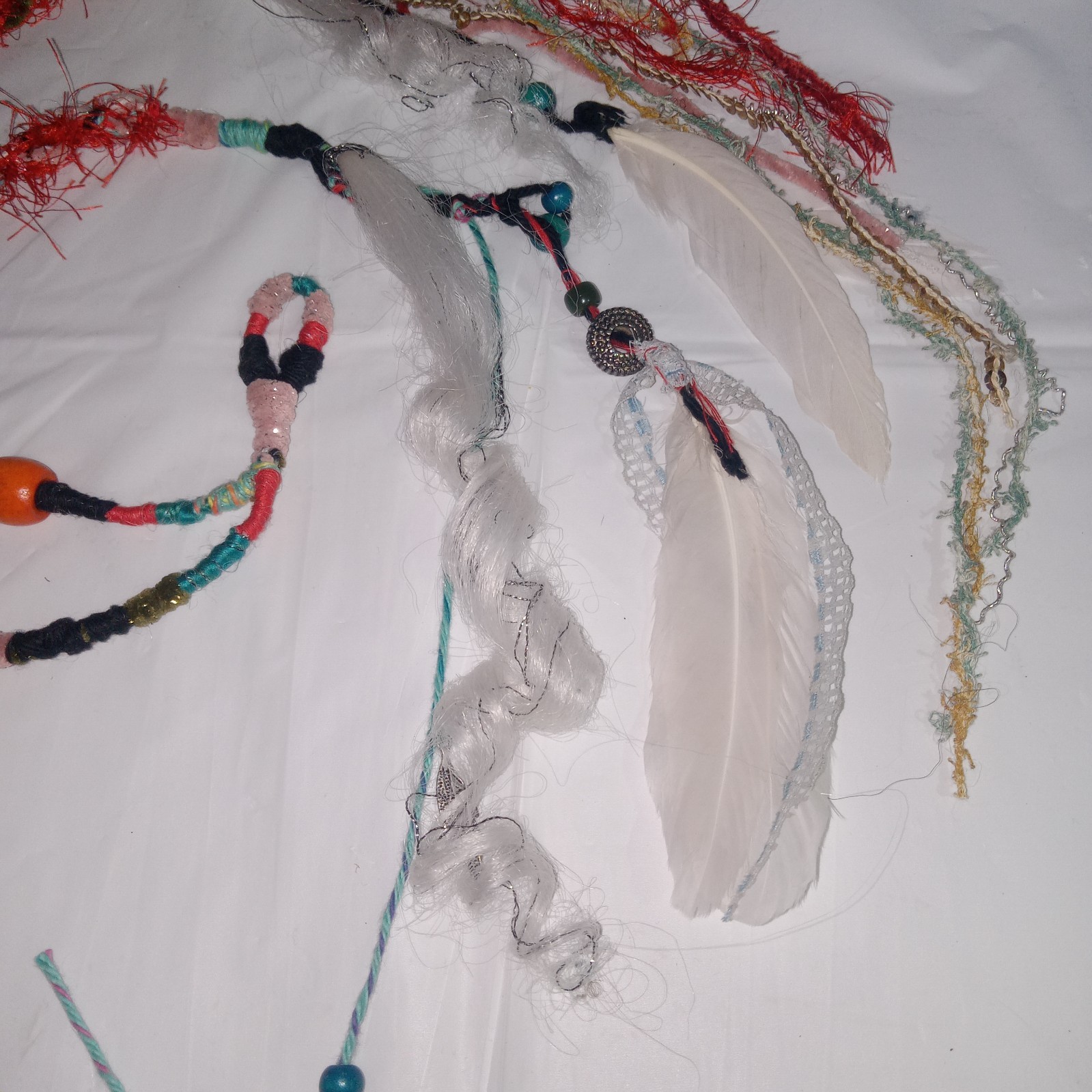 62″ double-ended Dread white loc Hair Wraps Beads Boho feather extension Ombre