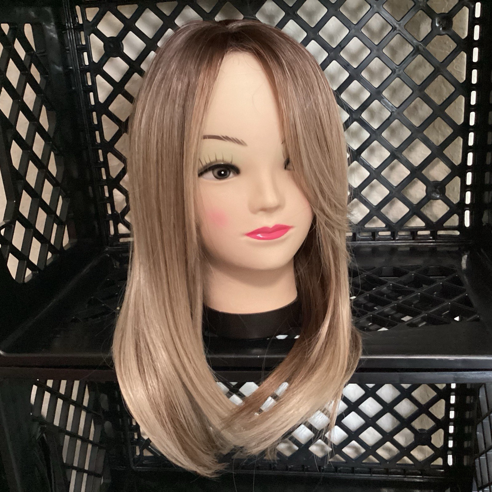 Ash Blond Wig 16” With Bangs Ombré Gradient Dark Roots Rooted Middle Part