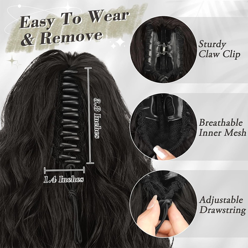 Natural Thick Wavy Claw On Clip Ponytail Real As Human Pony Tail Hair Extensions