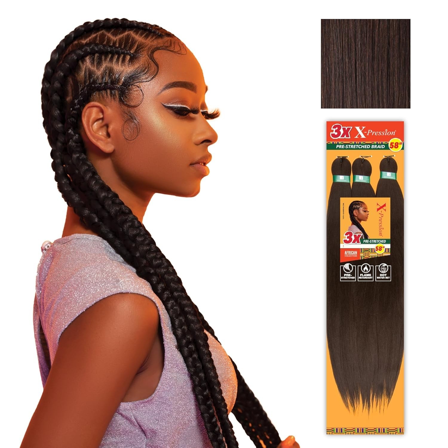 X-pression 58-Inch Prestretched Braiding Hair – Flame Retardant Kanekalon, Me…