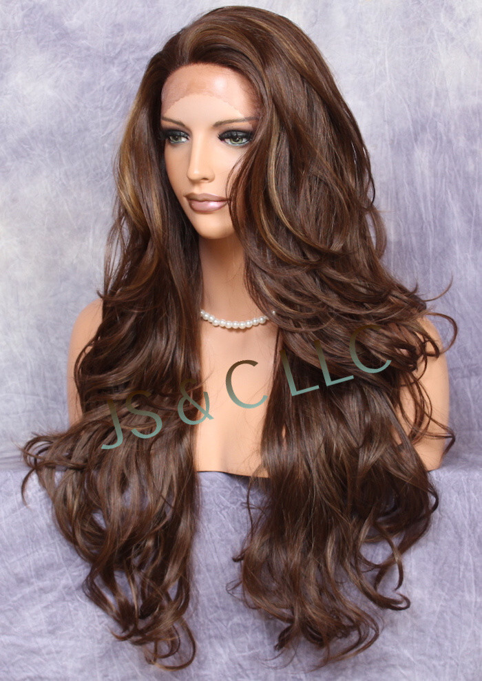Heat OK Human Hair Blend Full Lace Front WIG Long Wavy Brown Auburn Mix WBKM
