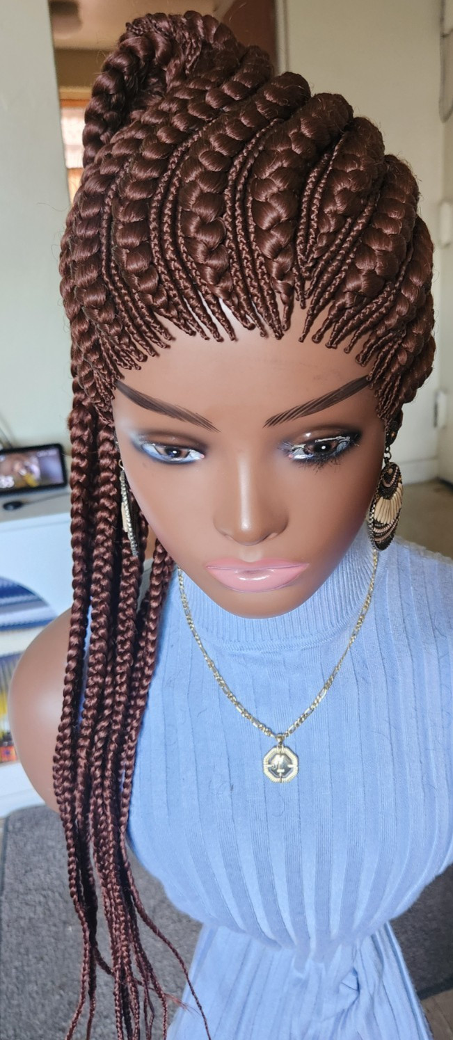 Fully hand braided Ghana banana cornrows wig poney tail libre Dark brown