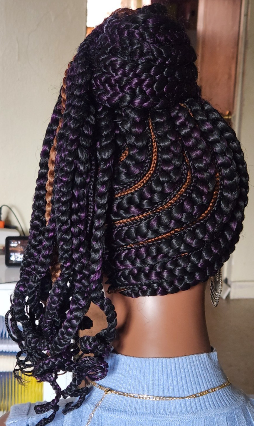 handmade braided Ghana banana cornrows wig poney tail 1B mix Dark purple/Dark br
