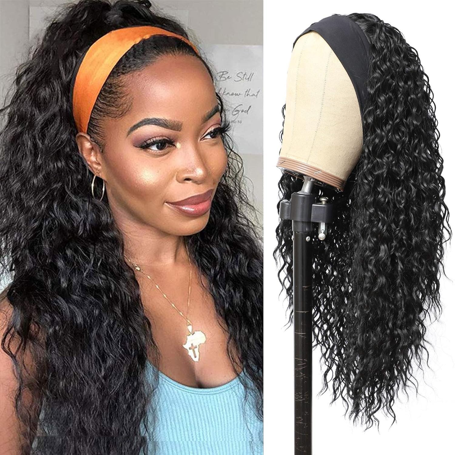 Headband Wig for Black Women, Wet & Wavy, Long Curly Wig, 24 Inches