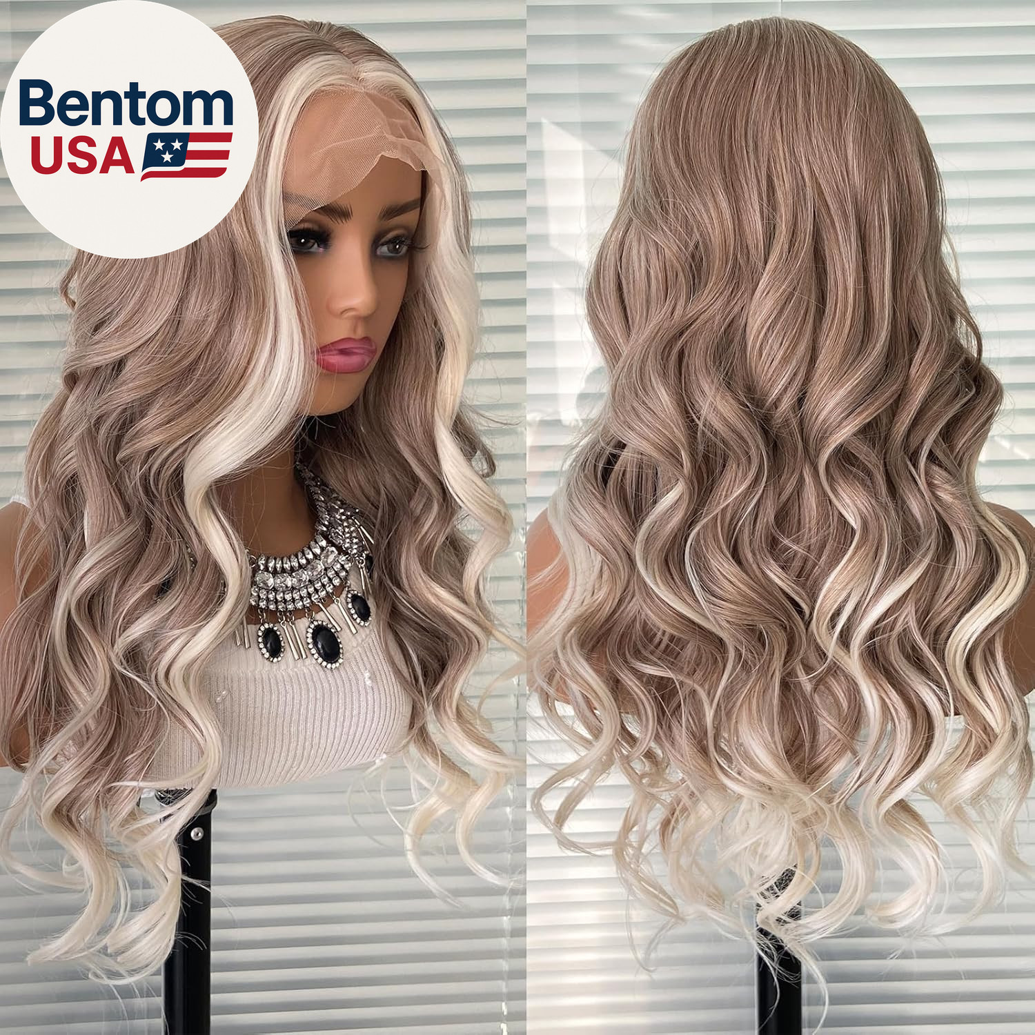 Beige Brown Ombre Platinum Blonde Long Wavy Synthetic Lace Front Wig Pre Plucked
