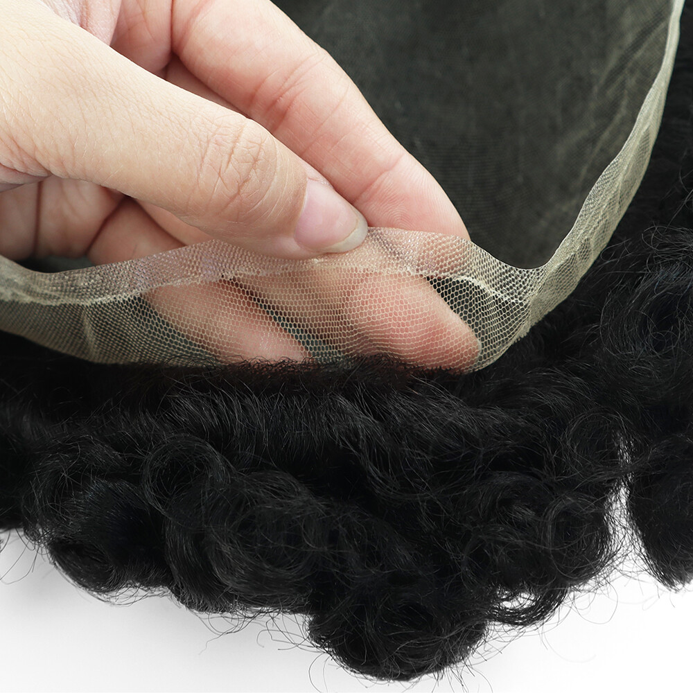 Mens Human Hair Toupee Afro Curl Hair System French Lace Black Hair Piece