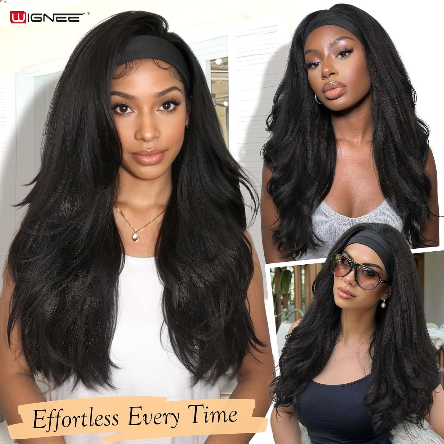 WIGNEE Yaki Curly Headband Wig Synthetic Layered Kinky Straight Half Wig Wear an