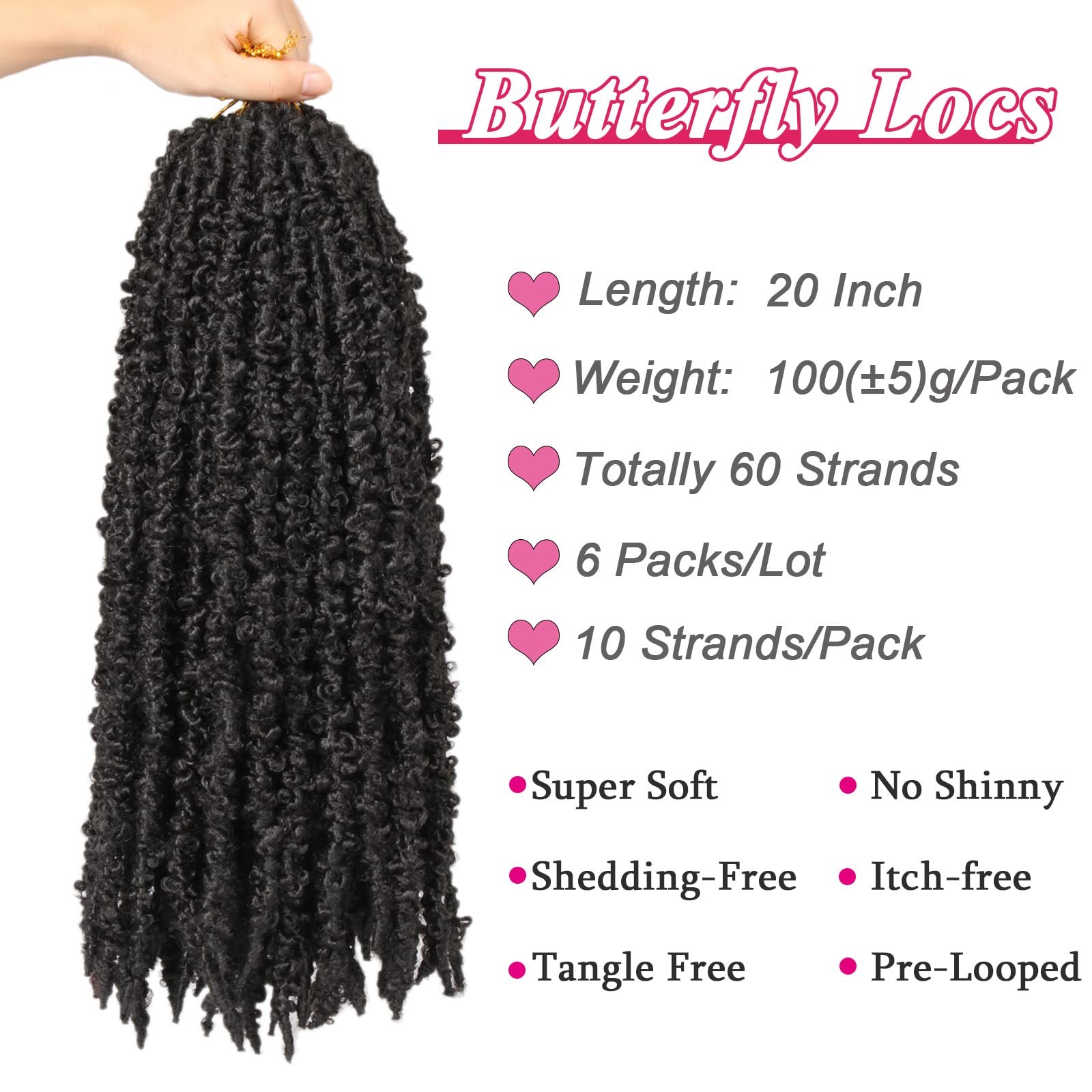 Leeven 20″ Butterfly Locs Crochet Hair, 6 Packs Black Pre-looped Distressed