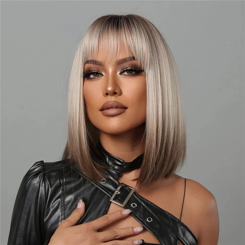 Brown Ash Blonde Ombre Bob Wigs for Women Cosplay Wig with Bangs Dark Roots Natu