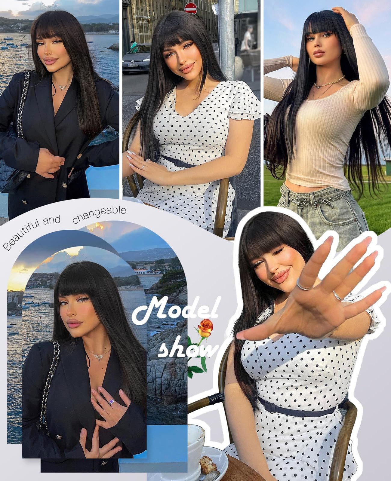 Long Black Wig with Bangs,Heat Resistant Fiber Synthetic Hair Cosplay Party S…