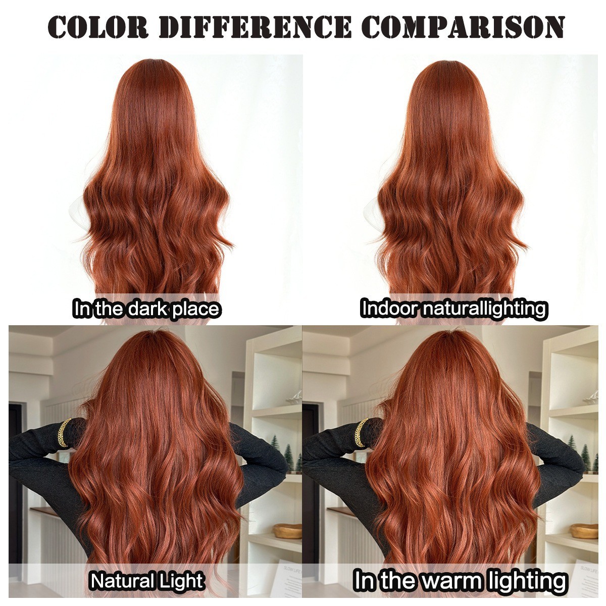 Wig with orange-red curly bangs long hair big waves fluffy texture