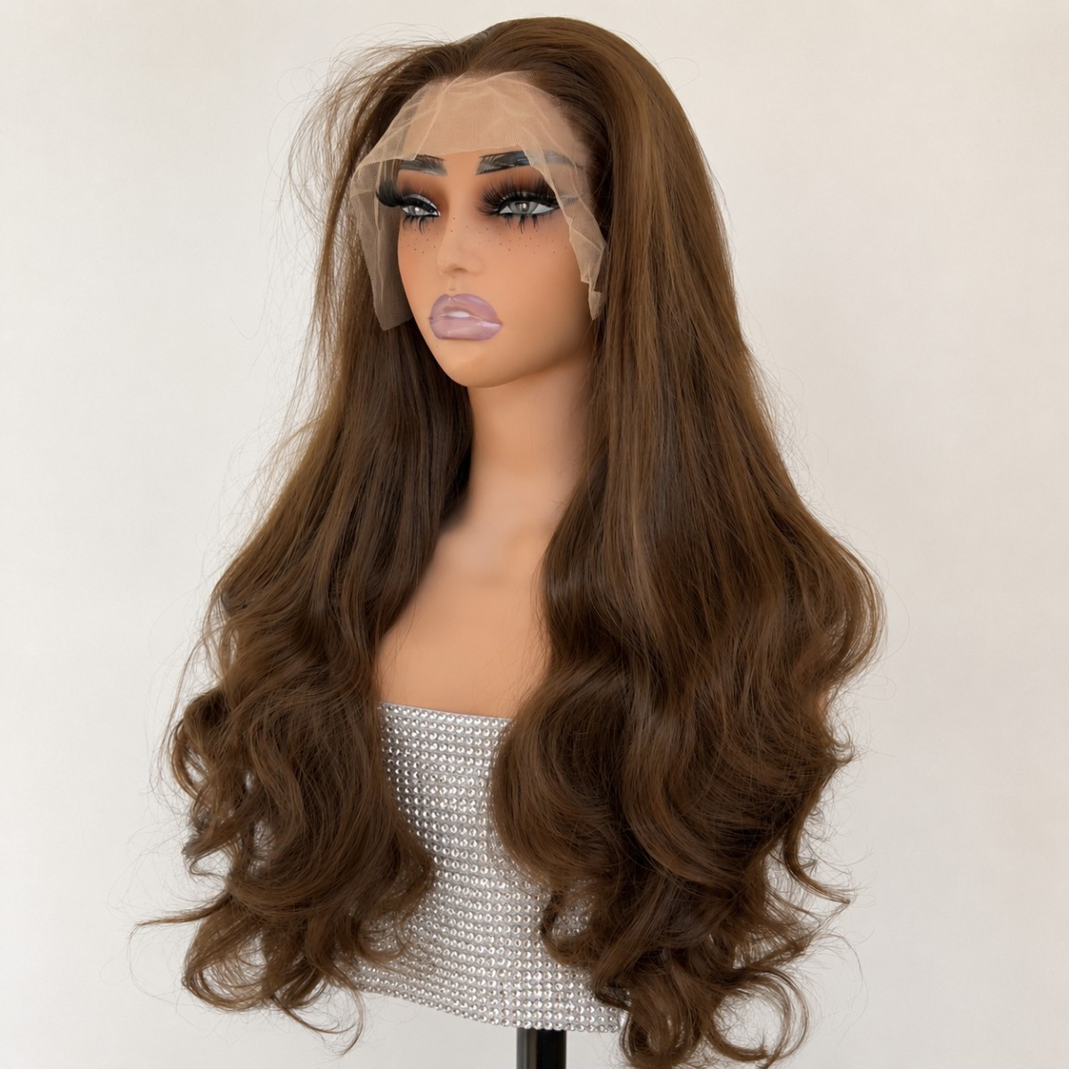 Women Brown Layered Heat Resistant Synthetic Hair Long Wavy Lace Frontal Wig
