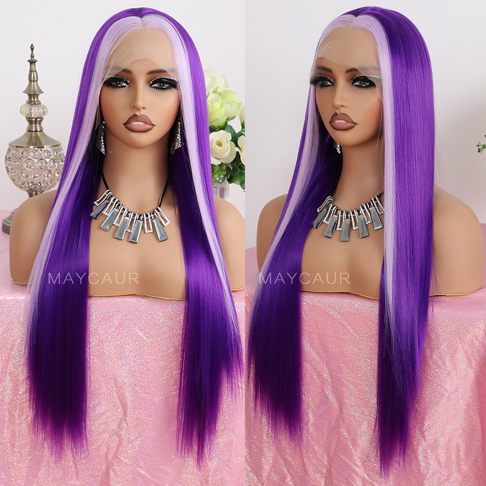 Blond Highlights Lace Front Wig Purple Skunk Stripe Wigs Long Straight Hair Soft