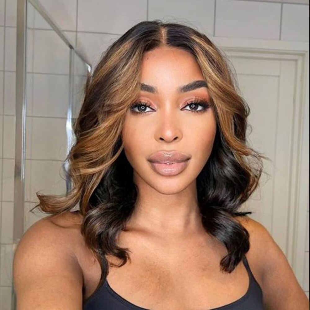 Short Wavy Ombre Brown Highlight Brazilian Remy 13X4 Lace Front Human Hair Wigs