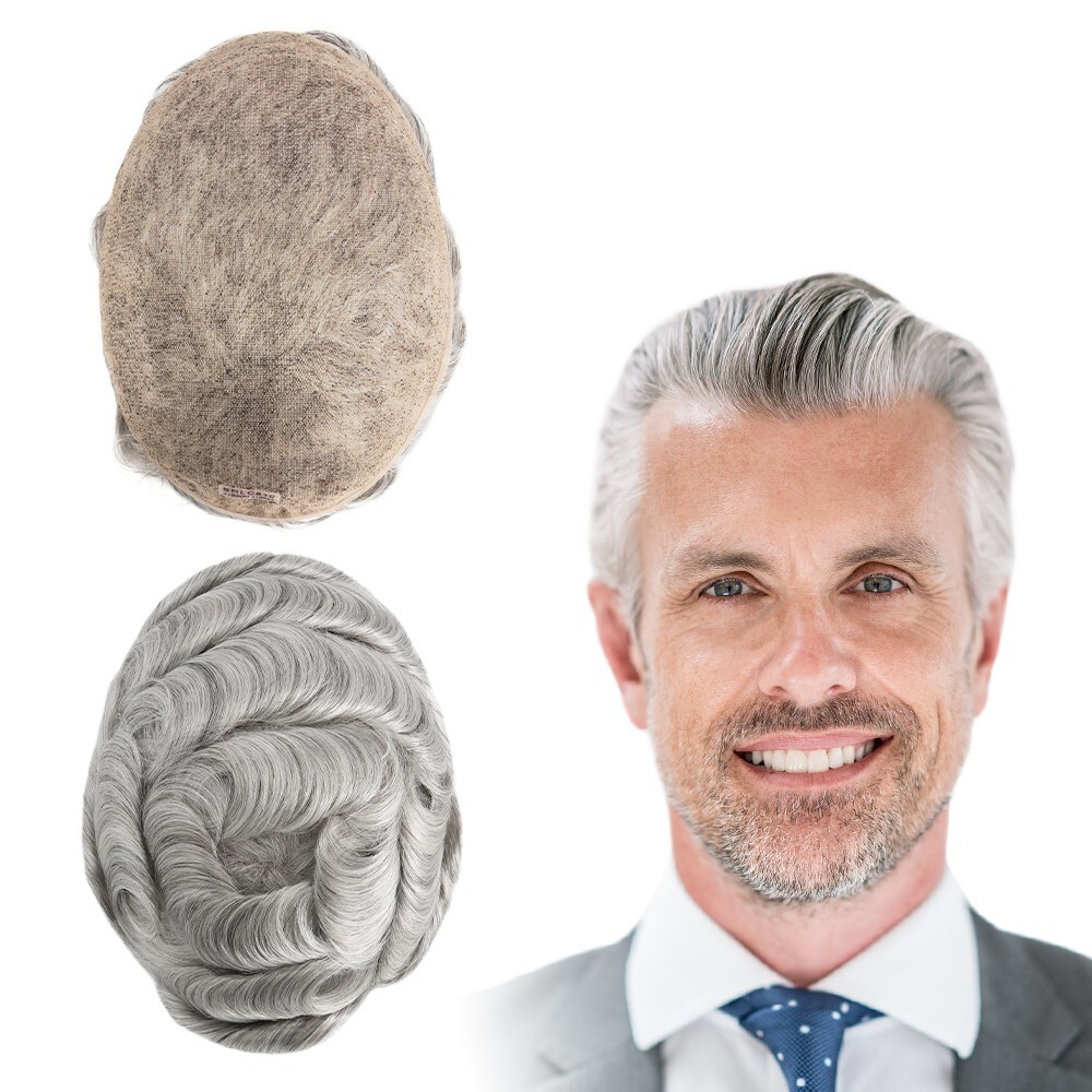 Mens Toupee French Lace Human Hair System Medium Density Grey Hair Pieces #1B80