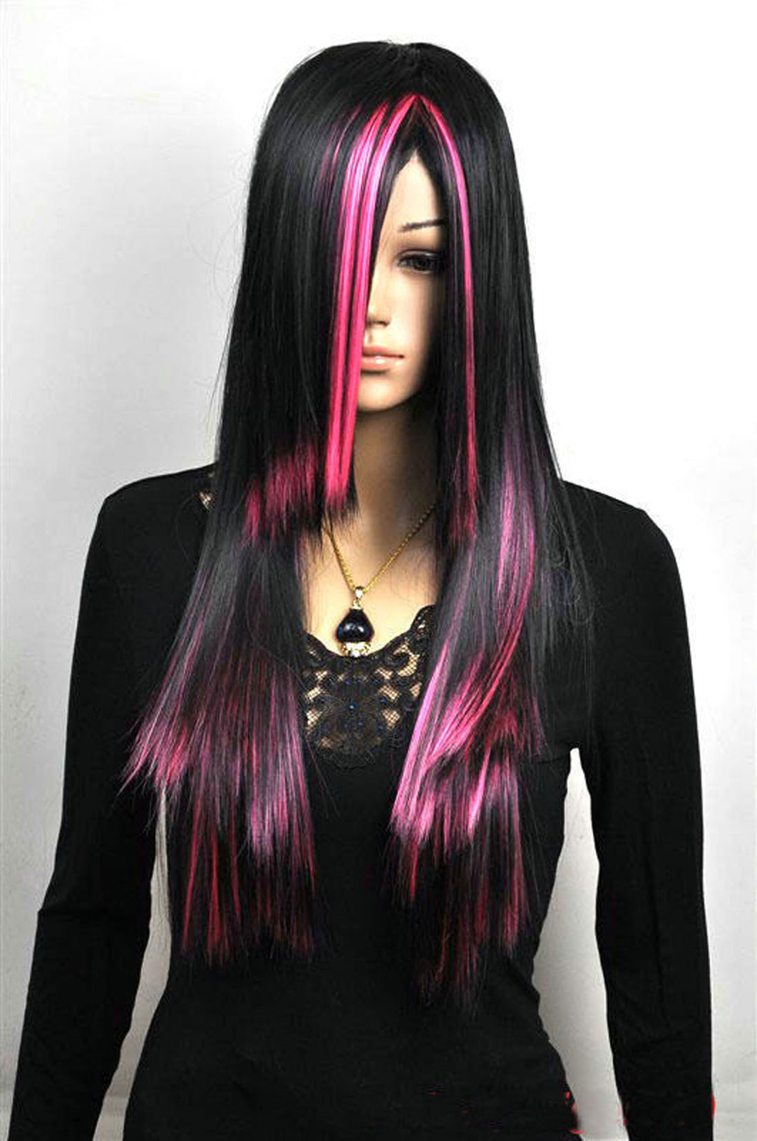 Hot Sell Fashion Long Black Mix Pink Straight Hair Women’s Lady’s Hair Wig Wigs