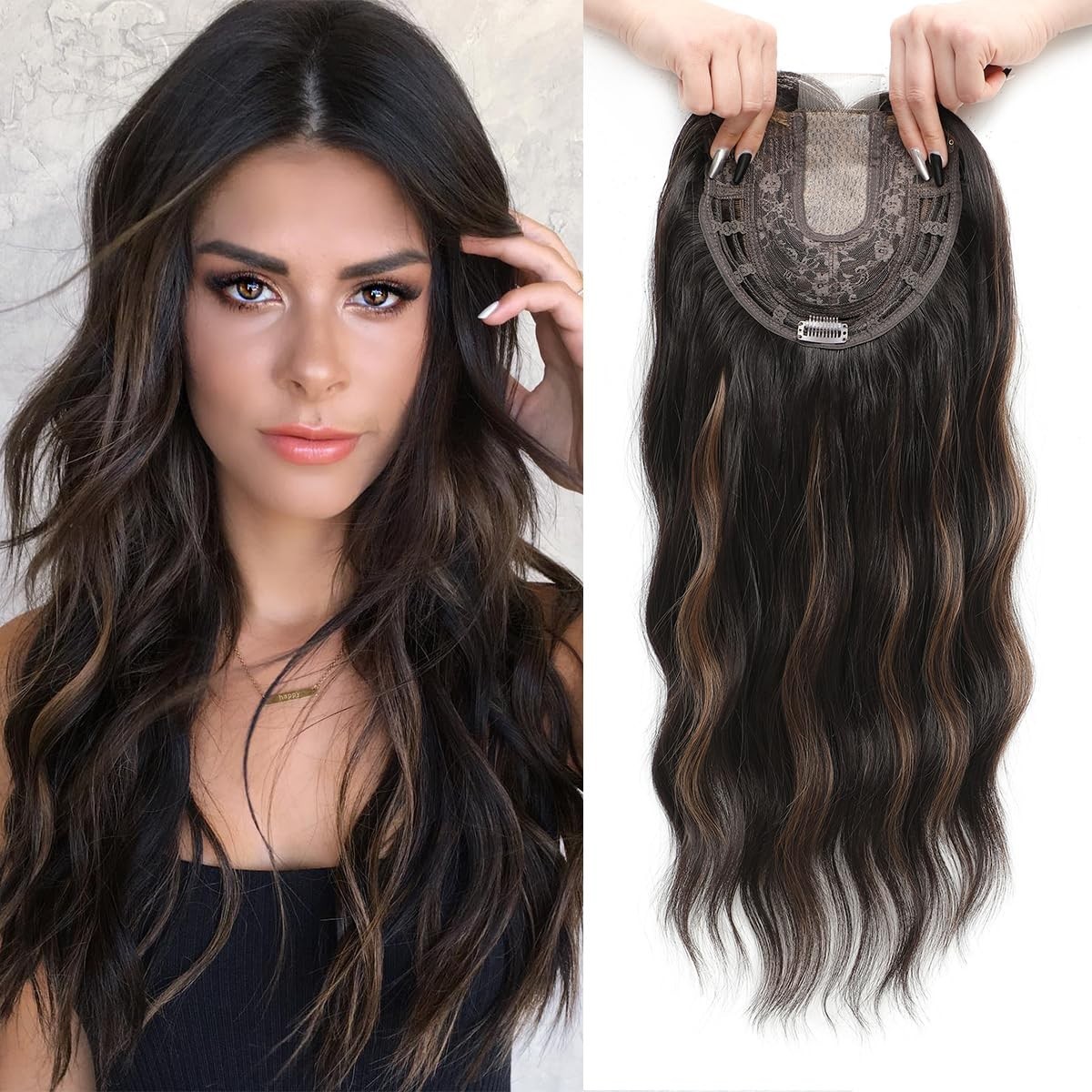 Brown w/ Highlights Long Wavy 20in Women Premium Hair Topper