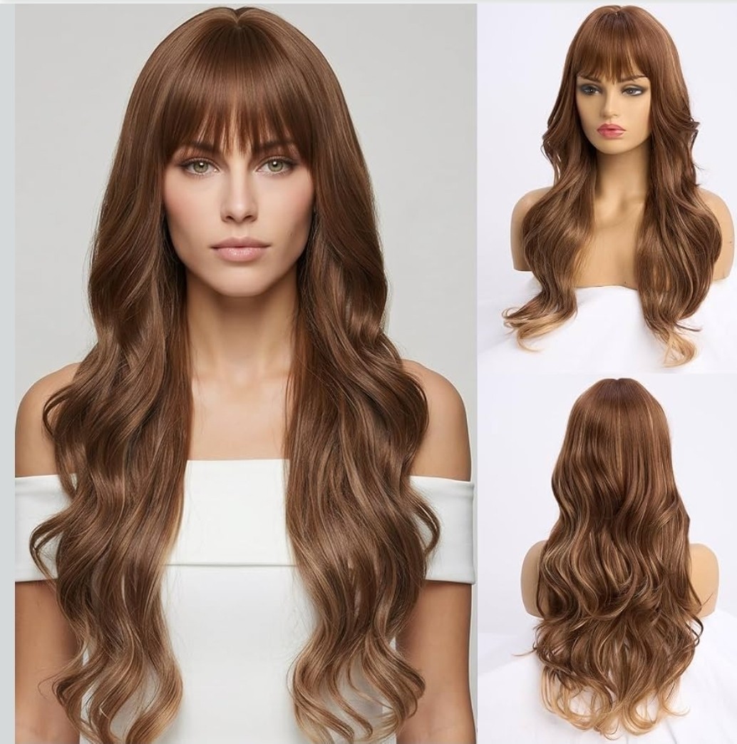 Wig – Human Hair Blend – Long Straight Body Wave Brown Bangs Heat Resistant